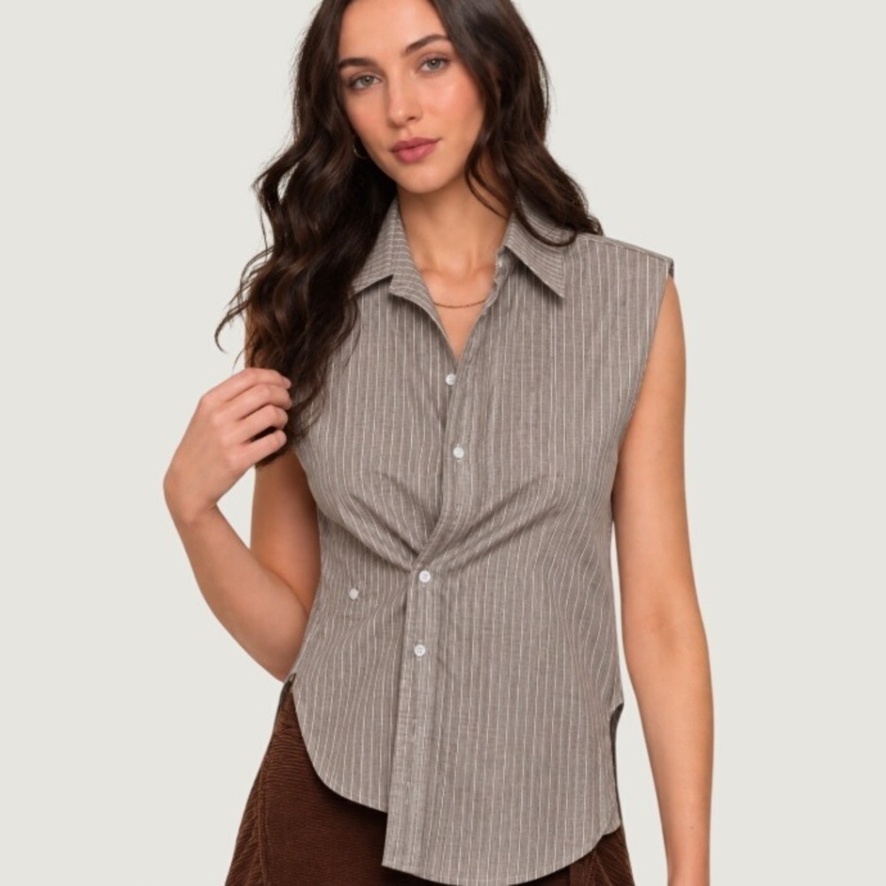 Heartloom Womens Pinstripe Sleeveless Button Down Shirt Brown White XS